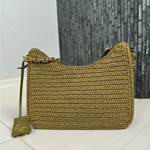 🌿Prada Re-Edition 2005 Raffia Crochet Olive Green Crossbody Bag